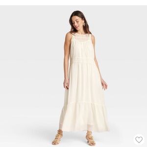 women's sheer chiffon maxi dress sleeveless crew neck keyhole back side pocket L